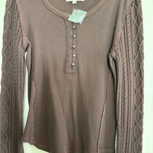 Lucky Brand Mauve-Brown Cable Sleeve Henley, nwt